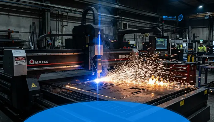 دستگاه برش لیزر CNC در حال برش ورق فلزی صنعتی