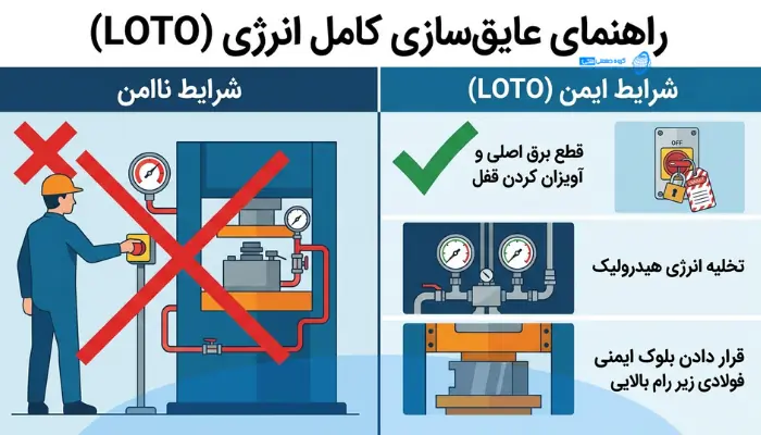 اینفوگرافیک آموزشی مراحل ایزوله‌سازی کامل انرژی LOTO در دستگاه پرس برک