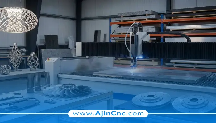 واترجت در حال اجرای طرح‌های معرق سنگی پیچیده برای کفپوش‌های لوکس و هتل‌ها با دقت بالا.