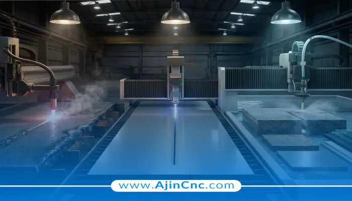 واترجت در حال برش یک طرح صنعتی پیچیده روی متریال ضخیم با لبه‌های کاملاً صاف و دقیق.