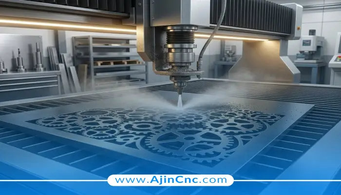 واترجت در حال برش آثار هنری و دکوراتیو مانند تندیس‌ها، لوسترها و پنل‌های فلزی با ظرافت و دقت بالا.