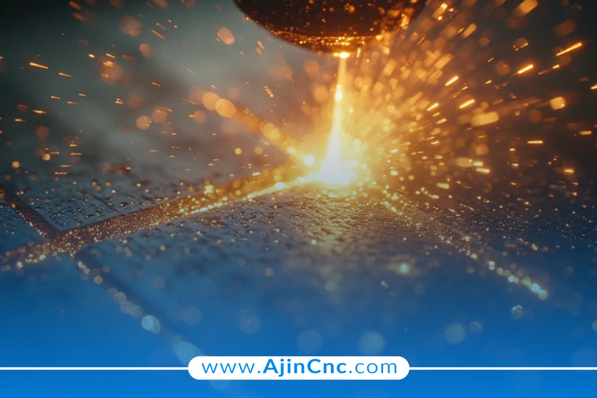 نمای نزدیک از پرتو لیزر که روی یک نقطه متمرکز شده و ماده را در هنگام برش دقیق ذوب می‌کند.