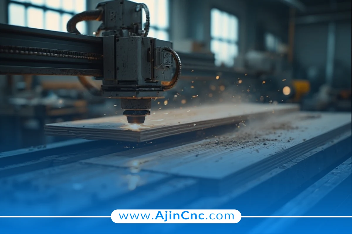 دستگاه برش لیزر فایبر در حال برش استیل با سرعت بالا و تولید جرقه‌های روشن.