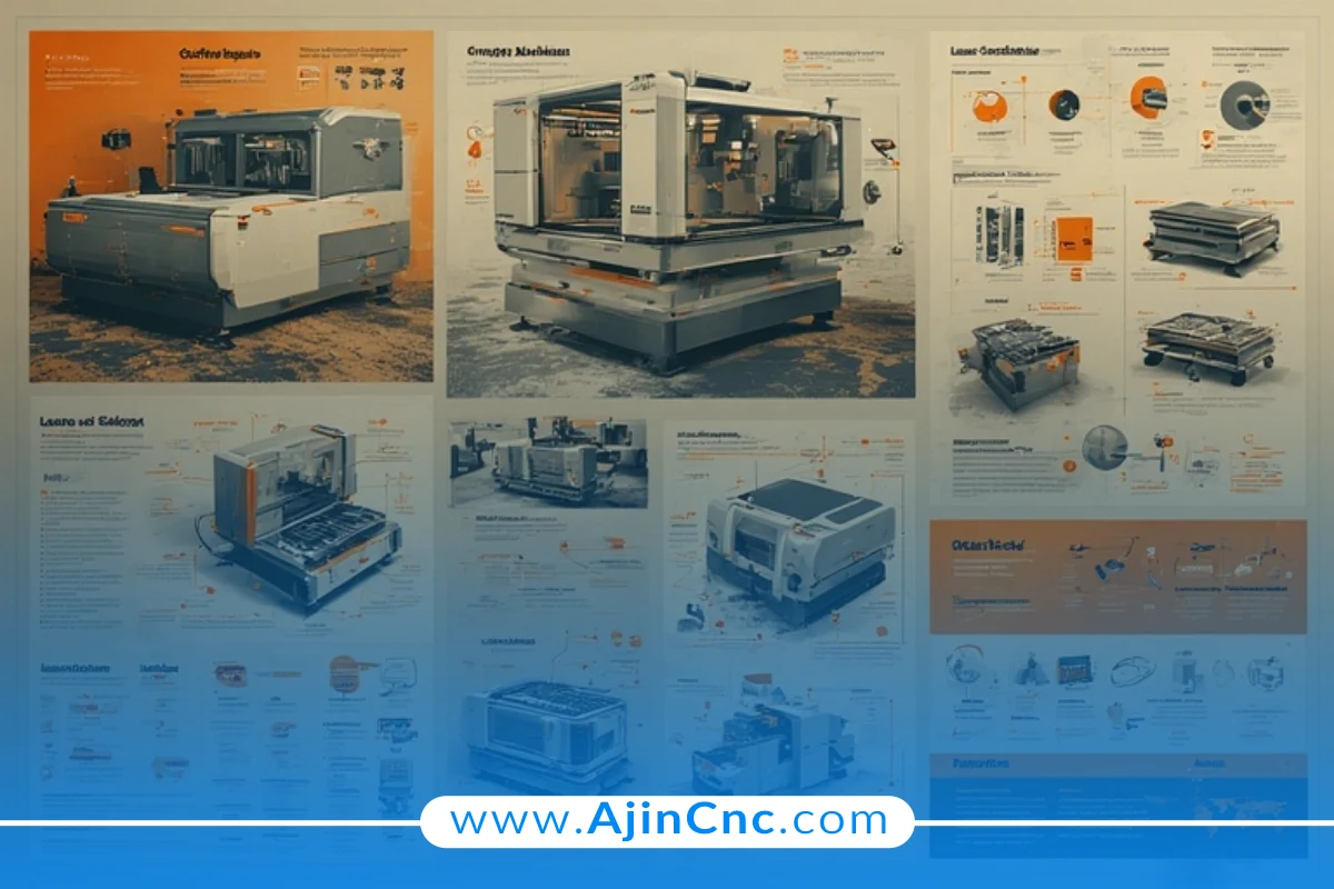 اینفوگرافیک مقایسه‌ای بین دستگاه‌های برش لیزر CO₂، فایبر و CNC بر اساس معیارهای انتخاب و مشخصات.