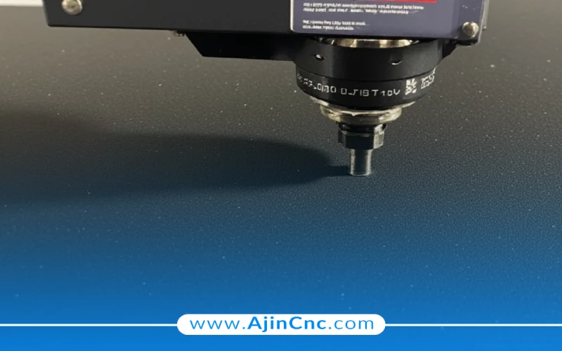 نمای نزدیک نازل لیزر با فاصله تنظیم‌شده از ورق و کنترل ارتفاع توسط سنسور خازنی