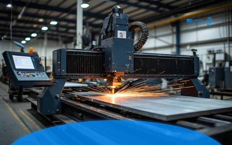 از دستگاه لیزر فایبر در حال برش دقیق ورق استیل با نمایش هد برش و محیط صنعتی مدرن