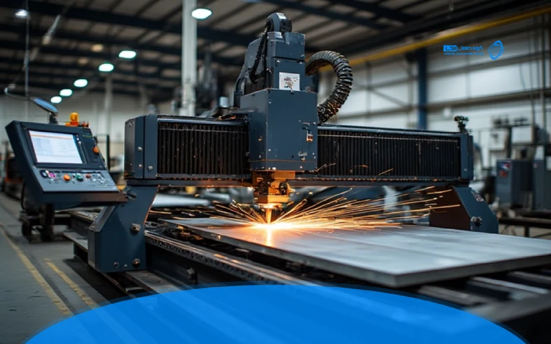 از دستگاه لیزر فایبر در حال برش دقیق ورق استیل با نمایش هد برش و محیط صنعتی مدرن