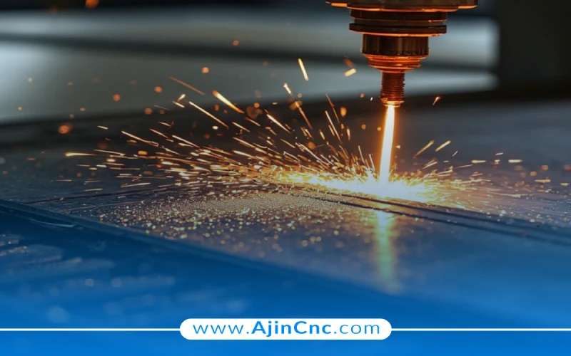 تصویر نشان‌دهنده سرعت بیش از حد در برش لیزر با جرقه‌های کشیده و خطوط مورب در لبه ورق.