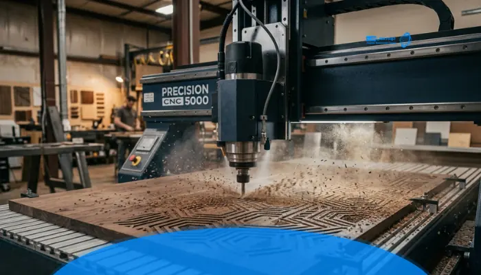 دستگاه CNC در حال برش دقیق الگوهای هندسی روی پنل چوبی
